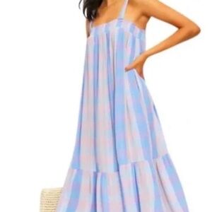 LOFT Blue and Pink Plaid Maxi Dress